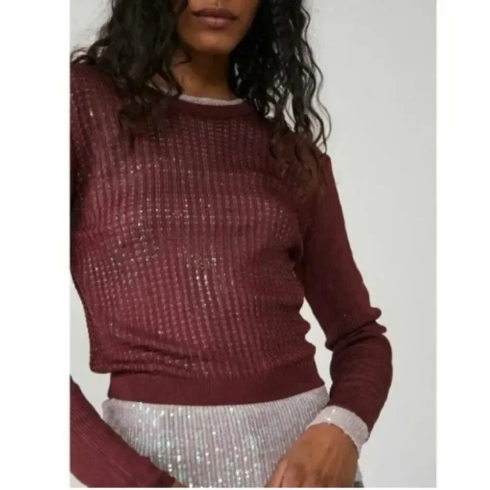 NWT FREE PEOPLE H2O Crew Raw Garnet Sheer Long Sleeves Size M (D-286)